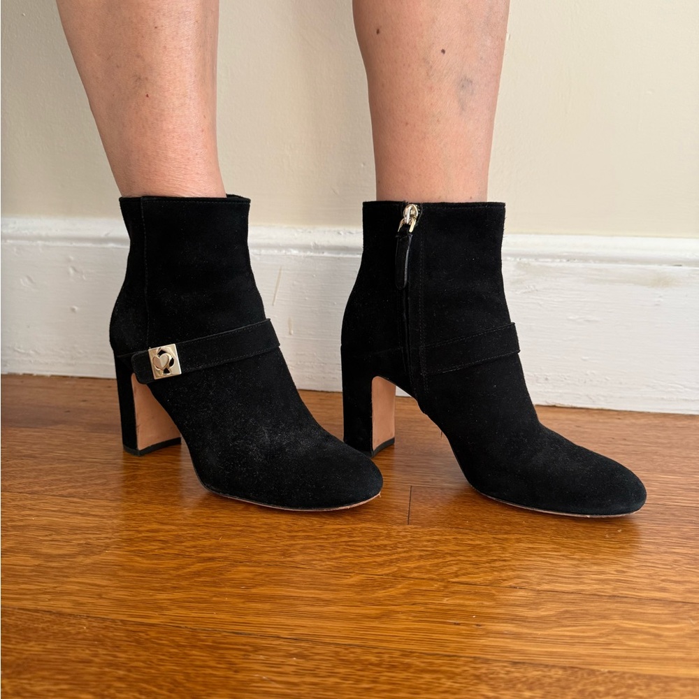 kate spade Black Suede Ankle Booties with Strap and Gold-Tone Hardware